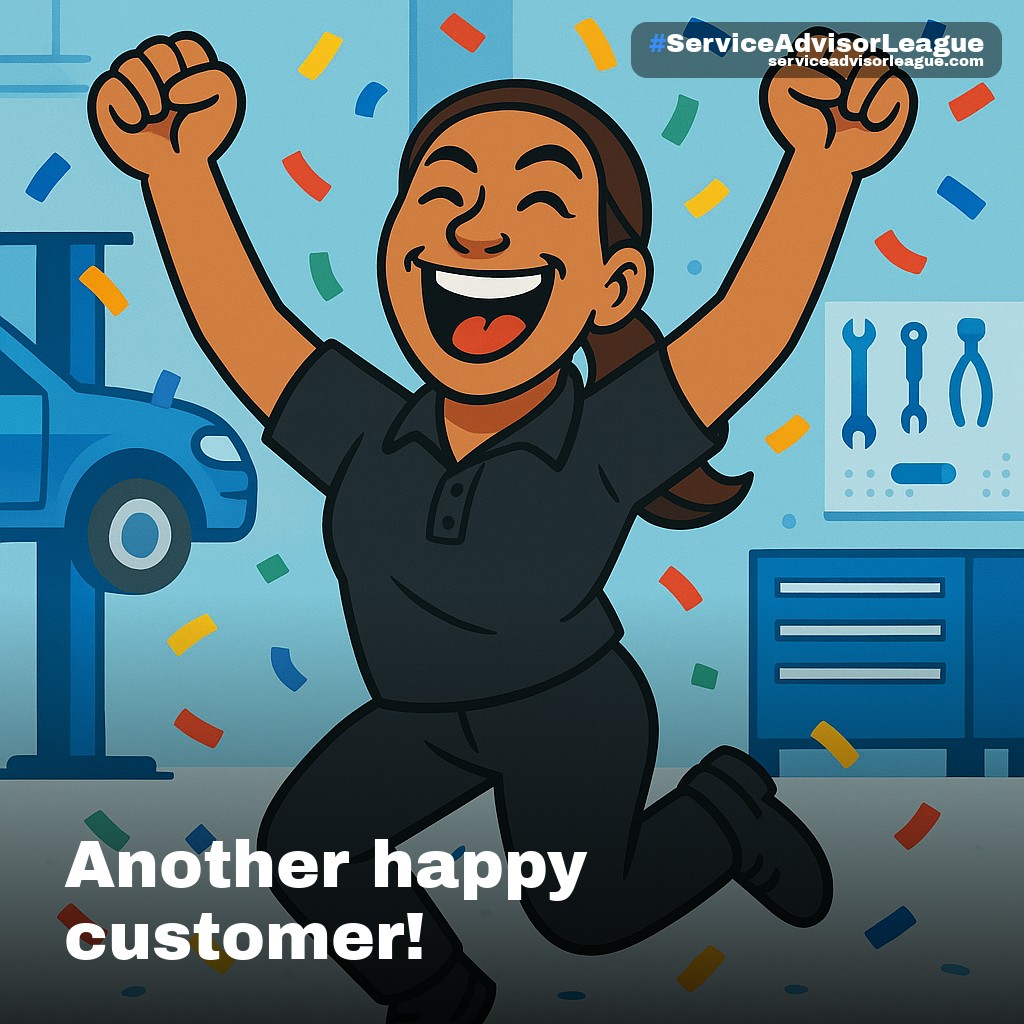 A Social Studio post: an advisor's avatar celebrating with confetti and the caption 'Another happy customer!'